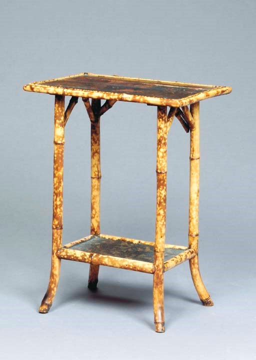 A VICTORIAN BAMBOO AND LACQUER TWO-TIERED SIDE TABLE,