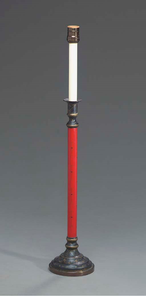 A PAIR OF REGENCY TOLE PEINTE TALL CANDLESTICKS,
