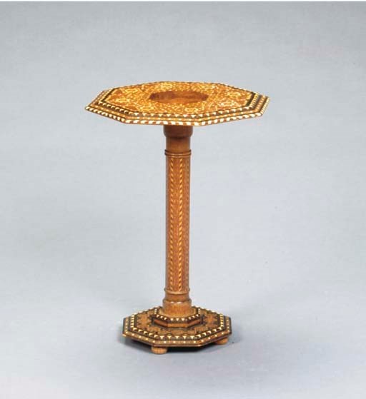 AN EBONY, BONE AND FRUITWOOD INLAID OCTAGONAL OCCASIONAL TABLE