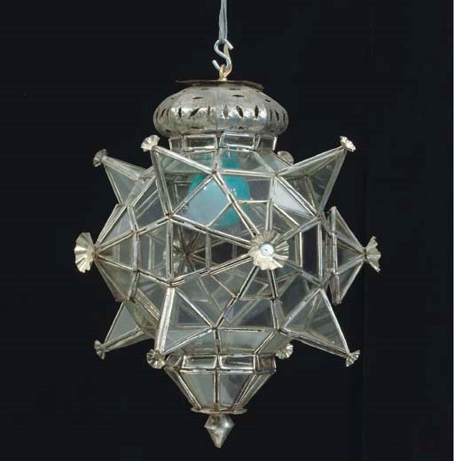 A PAIR OF EASTERN SILVERED-METAL AND GLASS STAR-FORM CEILLING LIGHTS,
