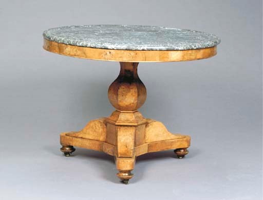 A BIEDERMEIER BURL BIRCH AND GRAY-MARBLE CENTER TABLE,