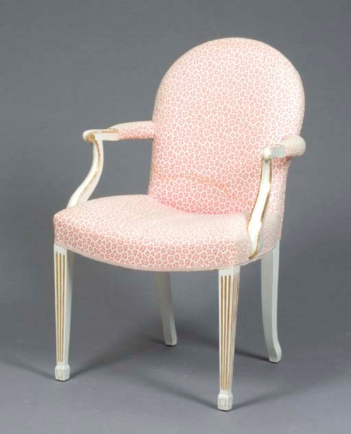 A PAIR OF GEORGE III STYLE PARCEL-GILT AND CREAM-PAINTED OPEN ARMCHAIRS,