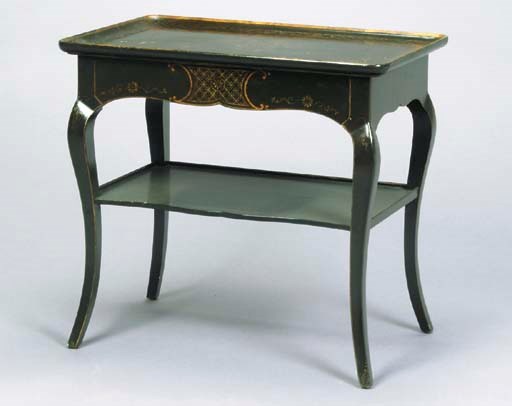 A PAIR OF LOUIS XV STYLE PARCEL-GILT AND EBONIZED TWO-TIERED SIDE TABLES,