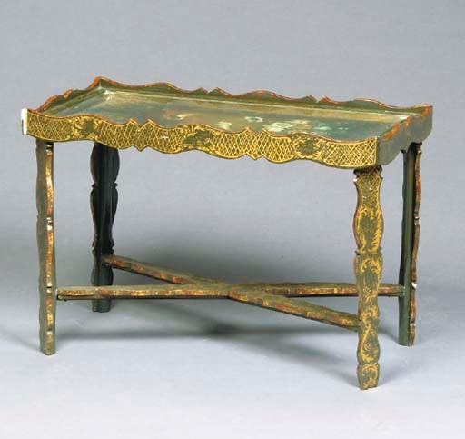 A VICTORIAN STYLE PARCEL-GILT GREEN AND RED-PAINTED SIDE TABLE,