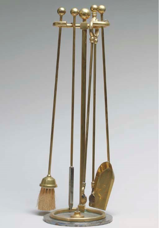 A PAIR OF VICTORIAN BRASS ANDIRONS TOGETHER WITH BRASS FIRETOOLS AND STAND,