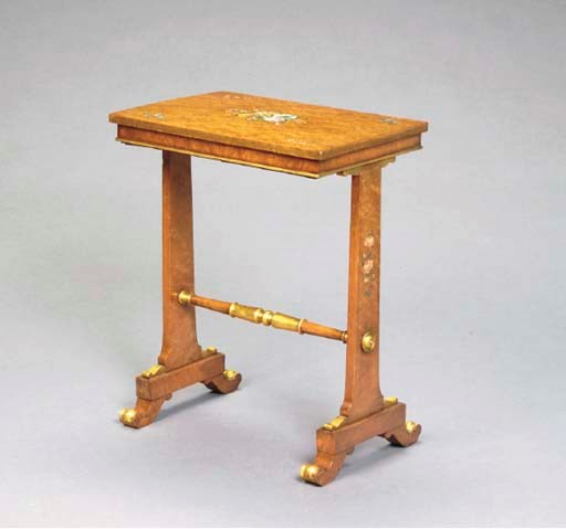 AN EDWARDIAN STYLE PARCEL-GILT AND POLYCHROME-DECORATED BIRDSEYE MAPLE SIDE TABLE,