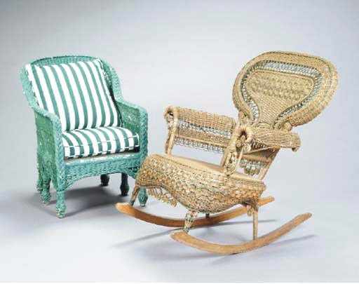 A VICTORIAN WICKER ROCKER TOGETHER WITH TWO LATER GREEN-PAINTED ROCKERS,