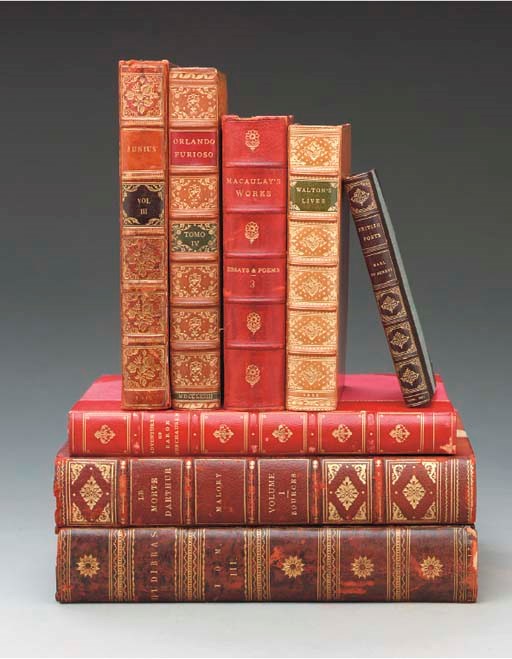 A GROUP OF APPROXIMATELY FIFTY DECORATIVE LEATHER BINDINGS,