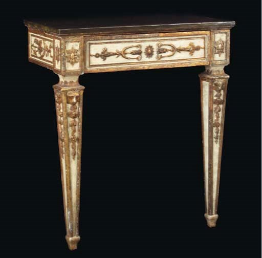 A PAIR OF ITALIAN NEOCLASSIC WHITE-PAINTED AND PARCEL-GILT CONSOLE TABLES,