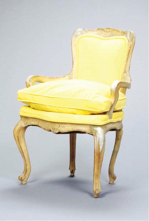 A SET OF FOUR ITALIAN ROCOCO GREEN AND GRAY-PAINTED FAUTEUIL,