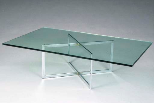 A CONTEMPORARY CHROME AND GLASS COFFEE TABLE,
