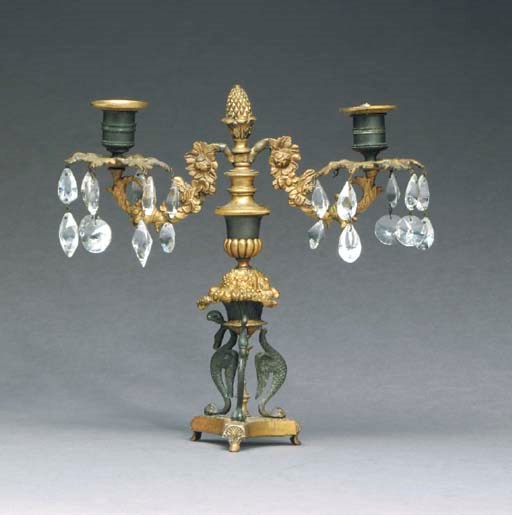 A PAIR OF LOUIS PHILIPPE GILT AND PATINATED-BRONZE TWO-LIGHT CANDELABRA,