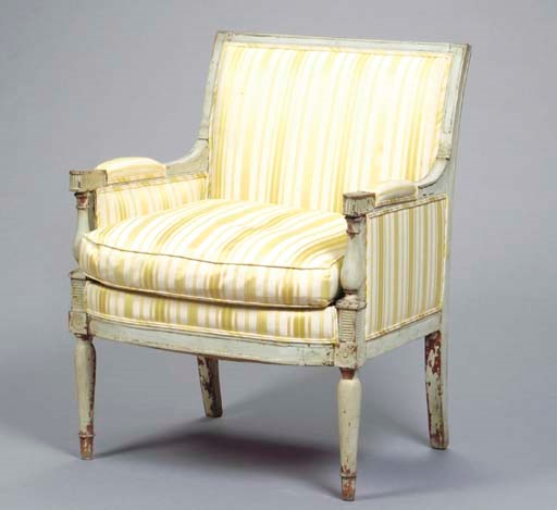 A PAIR OF DIRECTOIRE GRAY-PAINTED BERGERES,