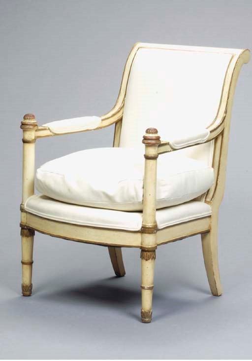 A SET OF FOUR PARCEL-GILT AND WHITE PAINTED DIRECTOIRE FAUTEUILS,
