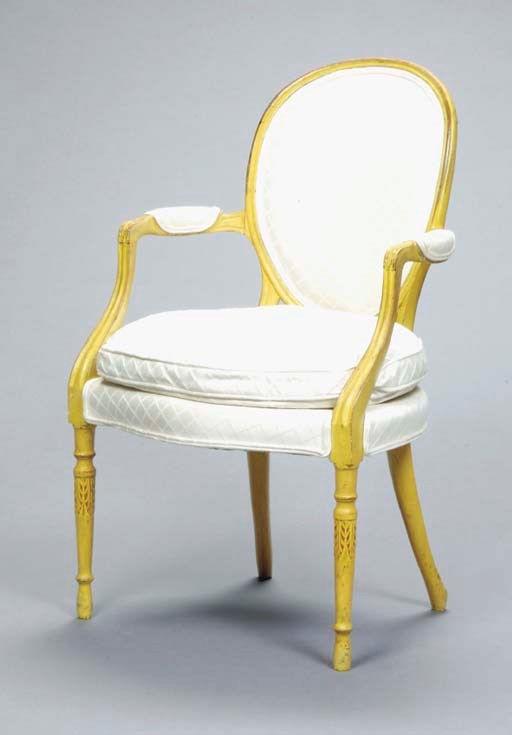 A PAIR OF GEORGE III STYLE YELLOW-PAINTED OPEN ARMCHAIRS,