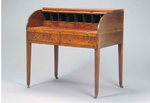 A LATE GEORGE III MAHOGANY TAMBOUR WRITING DESK,