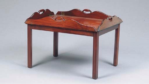 A VICTORIAN MAHOGANY BUTLER'S TRAY ON LATER STAND,