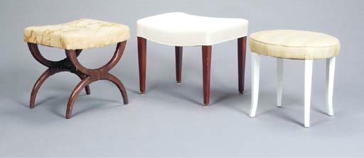 AN EMPIRE STYLE MAHOGANY TABOURET TOGETHER WITH A GEORGE III STYLE STOOL AND AN OVAL STOOL,