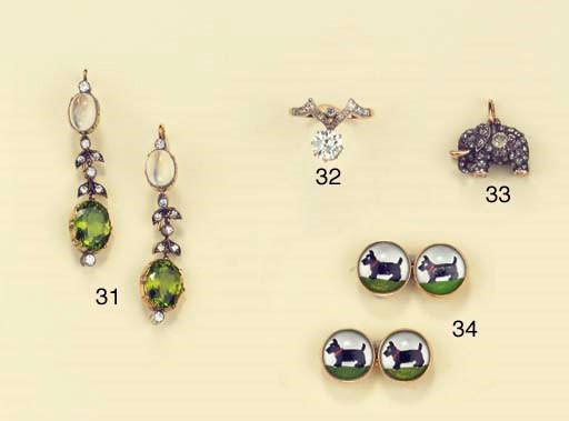 A PAIR OF PERIDOT, MOONSTONE AND DIAMOND EARRINGS