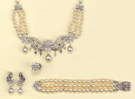 A CULTURED PEARL DIAMOND AND GEM-SET SUITE
