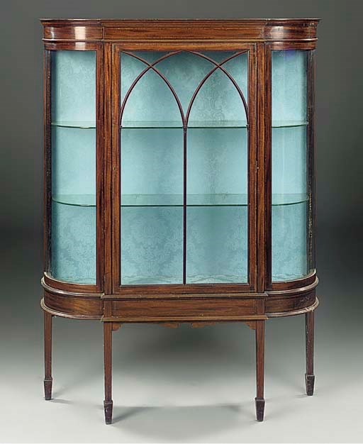 A mahogany and inlaid D-shaped display cabinet