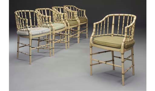 Five bamboo simulated and caned armchairs