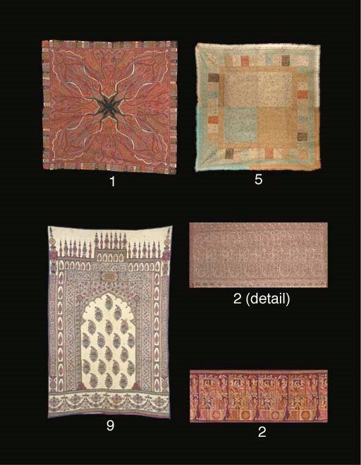 A square patchwork rumal shawl, woven in coloured wools with elongated scrolling boteh and stylised iris palmettes surrounding a residual stellar field of black wool, with small embroidered inscription--81in. (206cm.) square, Kashmir, 19th century