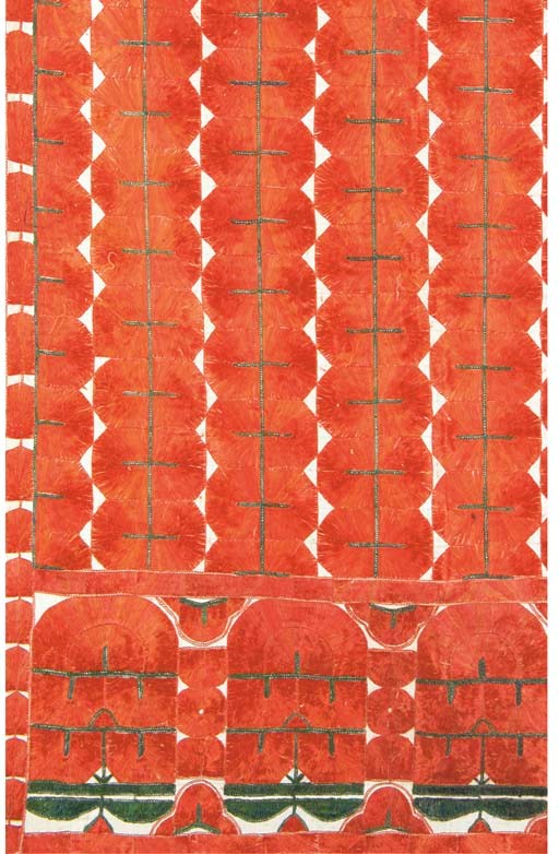 An embroidered shawl, the fine cotton ground worked in orange and green floss silks with abstract flowers with tamboured outlines, backed with ivory silk--71 x 47¼in. (180 x 120cm.), Sindh, circa 1900; and a hanging of rust coloured cotton, embroidered in silks and applied with mirror-glass discs--77 x 54in. (196 x 137cm.), Kutch, 20th century