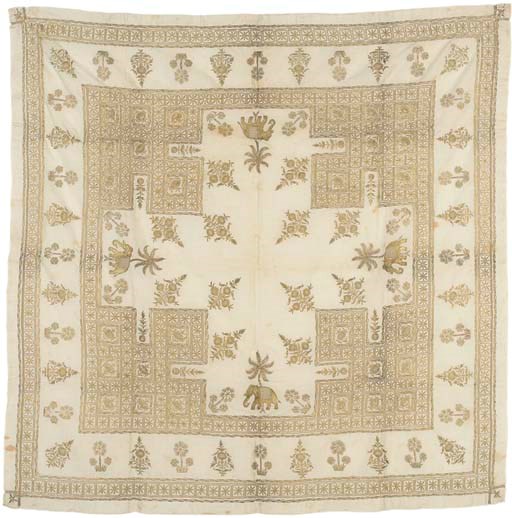 An embroidered rumal, the cotton ground worked in couched gilt thread and metal strip with a field of elephants, palm trees and flowers, the borders with drawn thread work--38in. (96.5cm.) square, Indian, first half of the 19th century