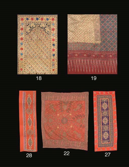 A skirt or shoulder cloth of printed cotton, block printed and dyed with a field of interlacing blue medallions with madder red star-shaped flower formations between, embellished with glued gold leaf--104 x 45in. (262 x 104cm.), Coromandel coast for the Sumatran market, 19th century