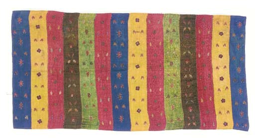 An embroidered patchwork trouser cuff, composed of vertical bands of green, blue, red and yellow cotton embroidered with small animal, bird and flower spot motifs--16¼ x 32½ (41 x 82cm.), machined darn; and another similar trouser cuff, with small boteh and spot motifs worked to a brightly coloured striped silk ground--20 x 35in. (51 x 88cm.), Zoroastrian, 19th century, some water damage to silk cuff