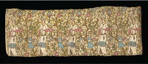 A panel of cloth of gold, woven with a courtier in a garden with an attendant offering a dish of fruit, Qajar, in the Safavid style--74cm x 26cm See Illustration