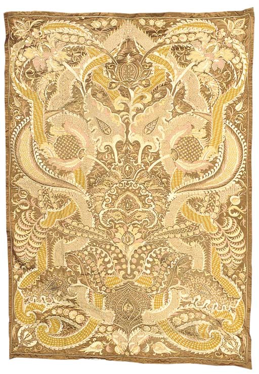 An unusual embroidered hanging of brown satin, worked in tamboured silks and couched metal thread with large-scale exotic blooms and scale-patterned serpentine vines--96 x 68in. (244 x 172cm.), Ottoman, late 19th century