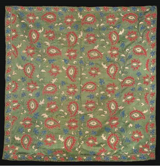 An embroidered bocha of green satin, embroidered in couched silks and metal thread with flower-sprays set in staggered rows bearing red palmettes and blue and white leaves, the narrow border with alternating red and blue leaf motifs--43½in. (110cm.) square, Ottoman, early 18th century, some wear and slits to satin