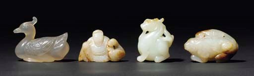 Three Chinese jade and one agate carving, 19th/20th century