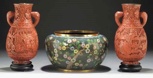 A pair of Chinese cinnabar lacquer tapering vases, 20th Century