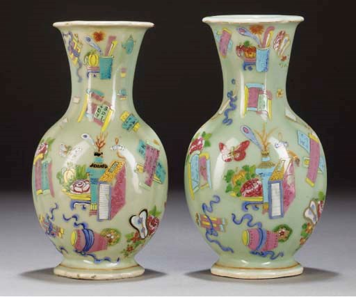A pair of Cantonese celadon ground lobed vases, 19th century