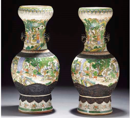 A pair of famille verte crackle ground vases, 19th century