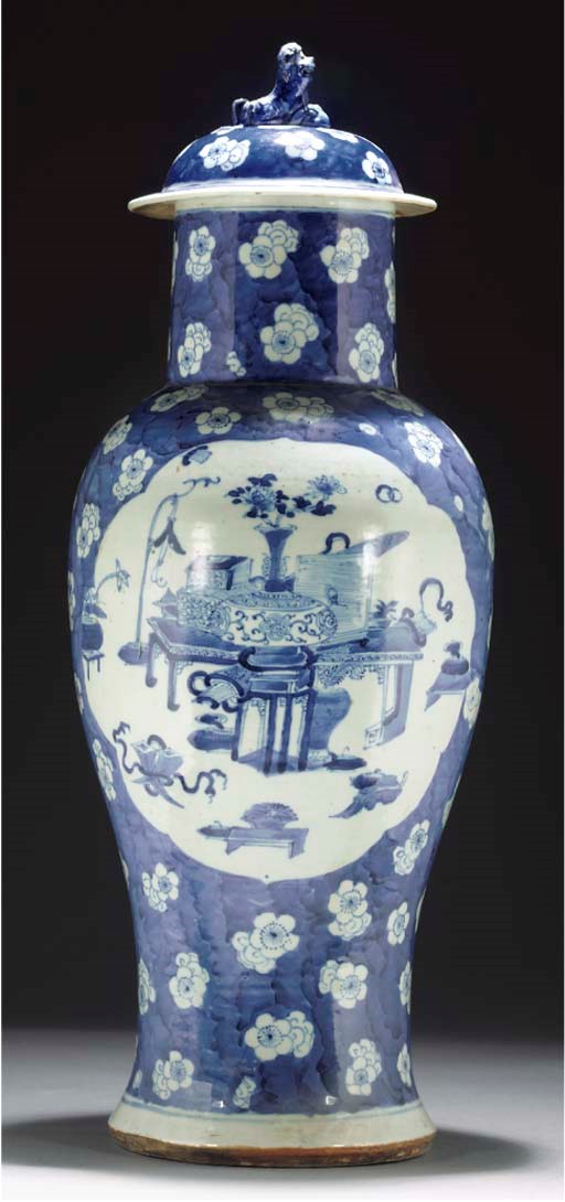 A Chinese blue and white baluster vase and cover, 19th century