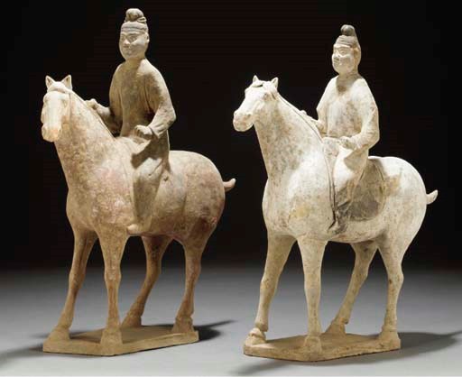 Two similar Chinese painted pottery models of equestrians, Tang dynasty
