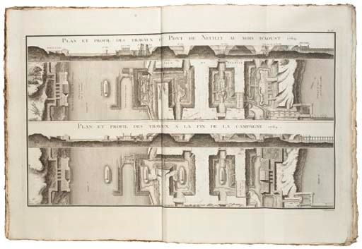 PERRONET, Jean Rodolphe (1708-1794). Description des projets de la construction des ponts De Neuilly, de Mantes, d'Orléans & autres; du projet du canal de Bourgogne, Pour la communications des deux Mers par Dijon; et de celui de la conduite des eaux de l'Yvette et de Bièvre à Paris. Paris; Imprimerie royale, 1782-1783.