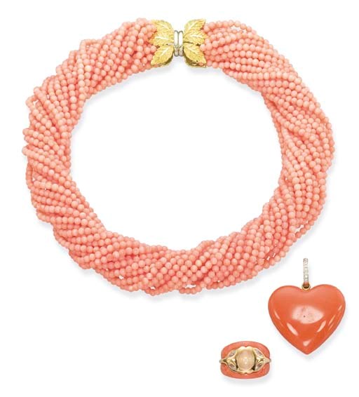A CORAL BEAD NECKLACE AND RING