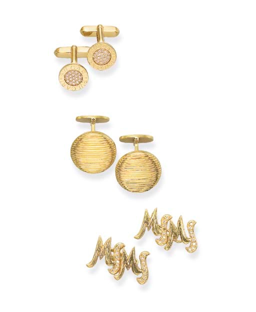 THREE PAIRS OF GOLD AND DIAMOND CUFFLINKS
