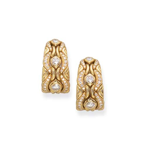 A PAIR OF GOLD AND DIAMOND EAR CLIPS, BY BULGARI