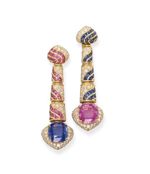 A PAIR OF SAPPHIRE AND DIAMOND EAR PENDANTS, BY BULGARI