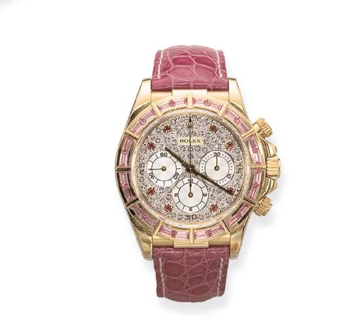A DIAMOND AND PINK SAPPHIRE 'DAYTONA' CHRONOGRAPH WRISTWATCH, BY ROLEX