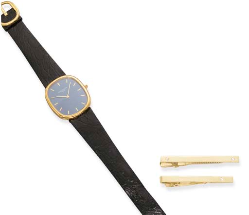 A GENTLEMAN'S 18K GOLD 'ELLYPSE' WRISTWATCH, BY PATEK PHILIPPE, AND TWO TIE PINS