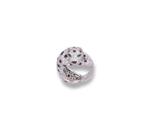 A DIAMOND AND SAPPHIRE 'PANTHER' RING, BY CARTIER