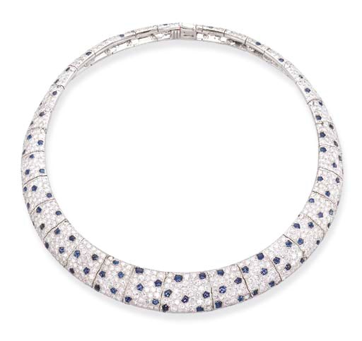 AN ATTRACTIVE DIAMOND AND SAPPHIRE 'PANTHER' NECKLACE, BY CARTIER