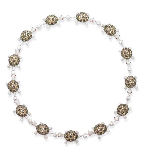 A RUBY AND DIAMOND TORTOISE NECKLACE